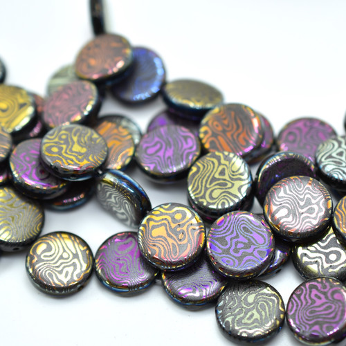 4 Beads - 14mm Coin, 2-Hole Jet Sliperit Laser Contour, Czech Glass