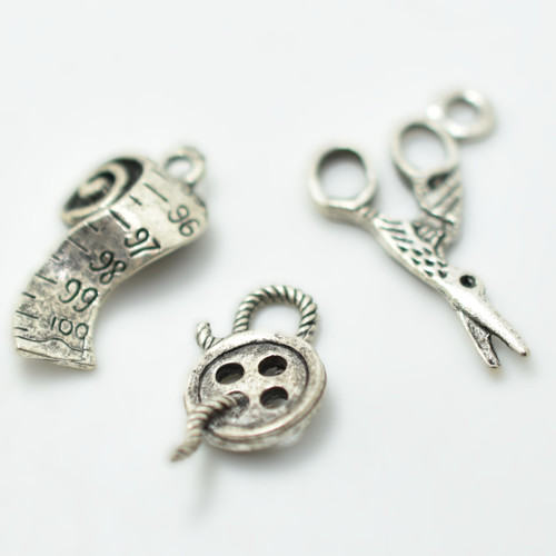 Sewing Notions, Silver Plated Antiqued, 1 Set of 3 Charms