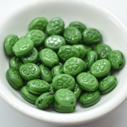 20 Beads - Oval 10x8mm Clover Silky Green Czech Glass