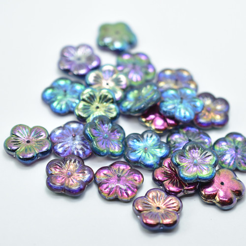 14mm Flat Blossom Flower Center Hole (10 beads) Magic Blue - Czech Glass