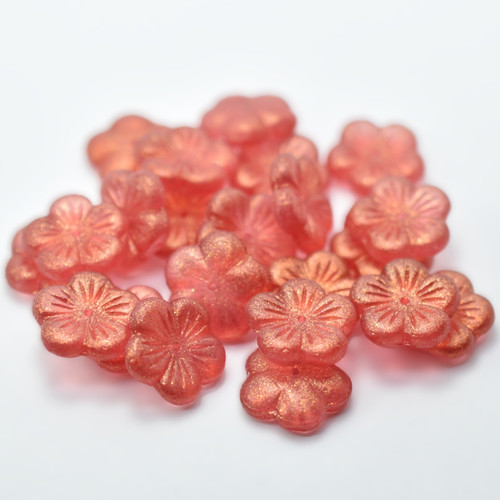14mm Flat Blossom Flower Center Hole (10 beads) Pink Tangerine Gold Sparkle Czech Glass