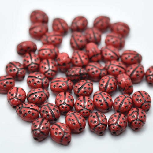 9x7mm Ladybug, 20 Beads, Red Black, Pressed Czech Glass
