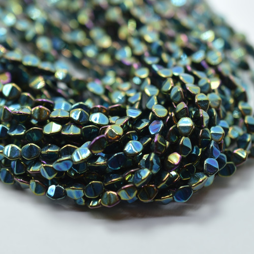 50 Beads - 5x3mm Pinch Green Iris Czech Glass