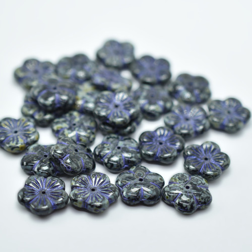 14mm Flat Blossom Flower Center Hole (10 beads) Jet Picasso Purple, Czech Glass