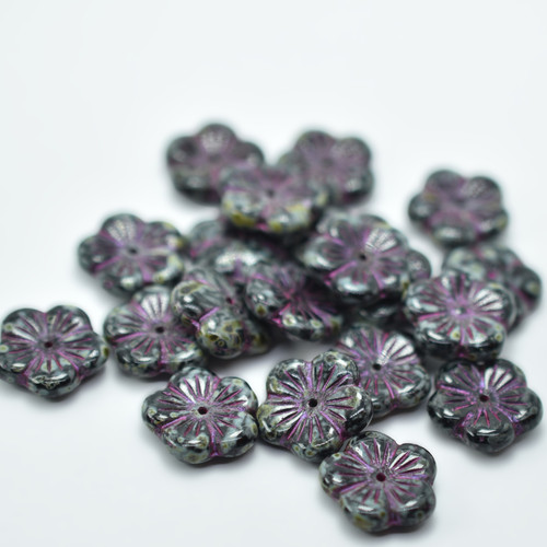 14mm Flat Blossom Flower Center Hole (10 beads) Jet Picasso Pink, Czech Glass