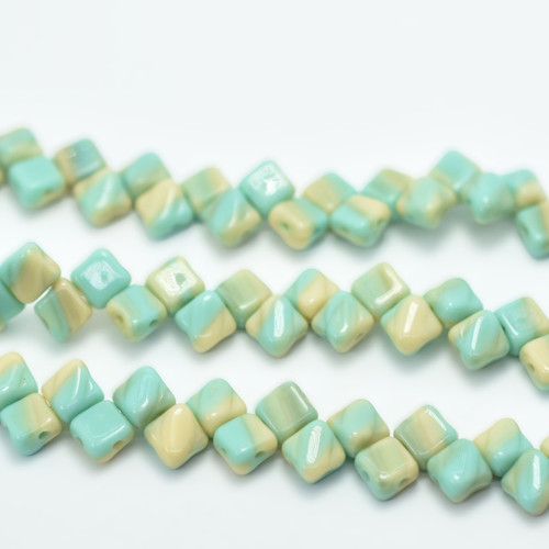 Silky Beads 6mm Green Turquoise Beige, 40 Beads Czech Glass