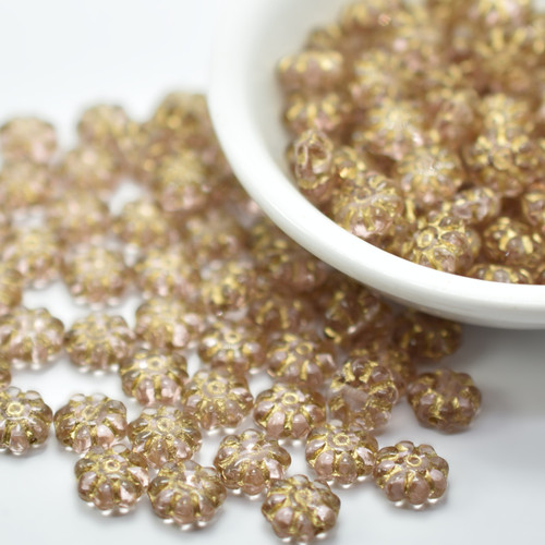 9mm Flower Rosaline Gold Wash, 30 beads Czech Glass