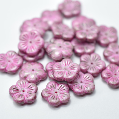 14mm Flat Blossom Flower Center Hole Pink Wash, 10 beads Czech Glass