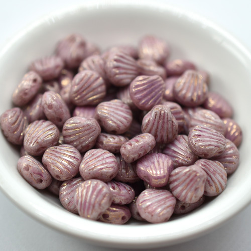 Shell 20 Beads, Chalk Violet Gold Luster, 8mm 2-hole Czech Glass