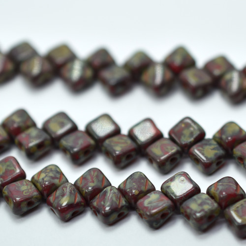 Silky Beads 6mm 2-Tone Red Travertin, 40 Beads Czech Glass