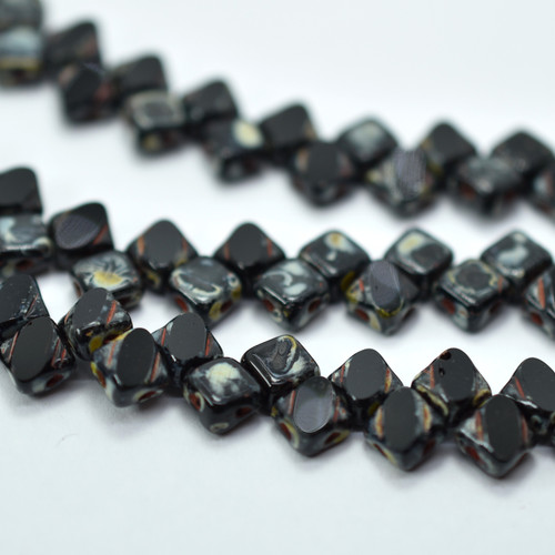 Silky Beads 6mm Table Cut Jet Picasso, 20 Beads Czech Glass