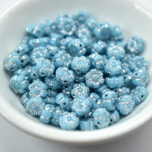 6mm Flat Daisy Blue Turquoise Silver Inlay, 25 Beads Czech Glass