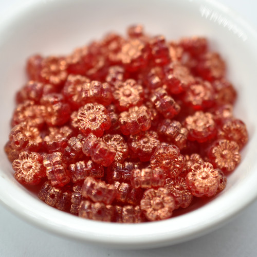6mm Flat Daisy Ruby Copper Wash, 25 Beads Czech Glass