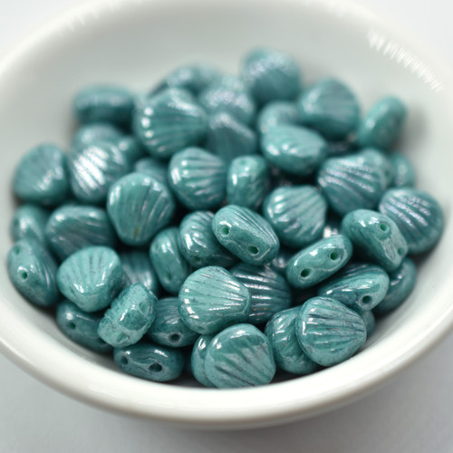 Shell 20 Beads, Green Turquoise Terracotta Lumi, 8mm 2-hole Czech Glass