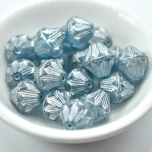 14mm Fluted Bicone, Light Aqua Copper Wash, 10 Beads, Czech Glass