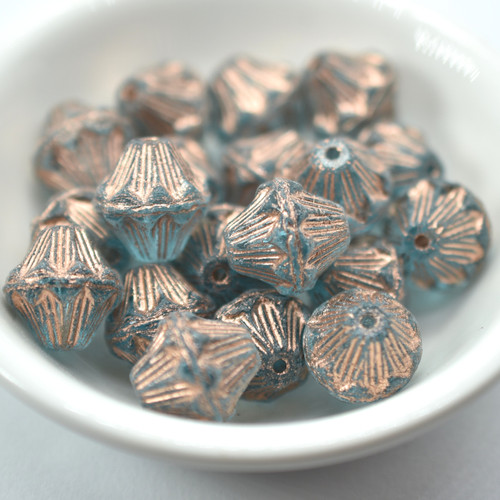 14mm Fluted Bicone, Light Aqua Copper Wash, 10 Beads, Czech Glass