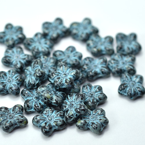 12x14mm Flower Bloom Jet Picasso Blue Wash, 10 Beads Czech Glass
