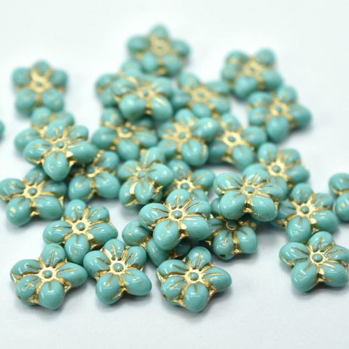 12x14mm Flower Bloom Turquoise Gold Inlay, 10 Beads Czech Glass