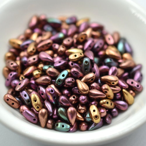 3x6mm DropDuo 2-Hole Purple Iris Gold, 60 Beads Czech Glass