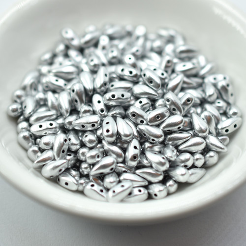 3x6mm DropDuo 2-Hole Aluminum Silver, 60 Beads Czech Glass