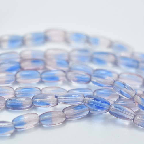 4x9mm Long Rice, Pink and Blue, Pressed Czech Glass 20 Beads