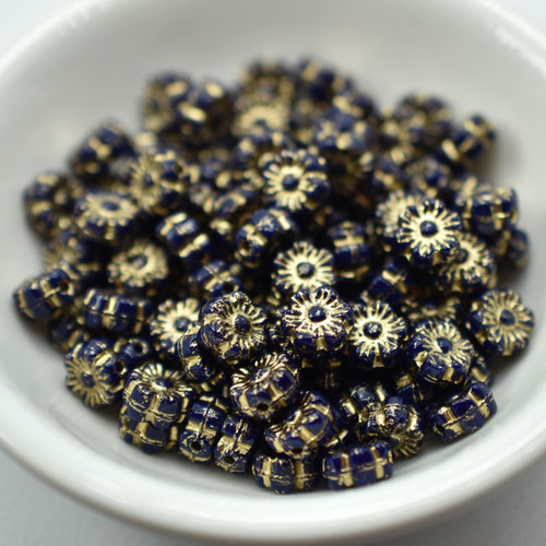 6mm Flat Daisy Dark Blue, Navy Gold Inlay, 25 Beads Czech Glass