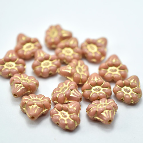 13x11mm Floret Pink Gold Inlay, 8 Beads Czech Glass