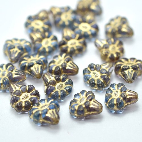 13x11mm Floret Light Purple Sapphire Gold Inlay, 8 Beads Czech Glass