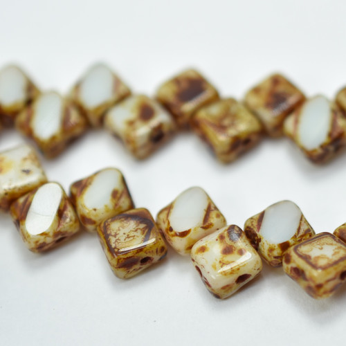 Silky Beads 6mm Table Cut Milky Jonquil Picasso, 20 Beads Czech Glass