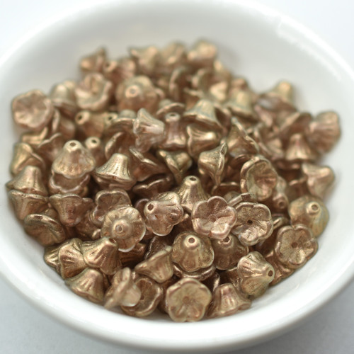 7x5mm Bell Flower Cup Golden Touch Champagne, 25 Beads Czech Glass