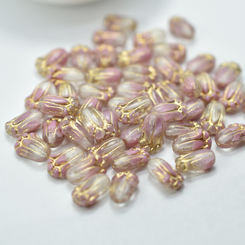12x8mm Tulip Pink and Clear Gold Inlay, Czech Glass, 12 Beads
