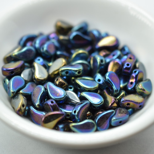8x5mm Drop, Side Taper 2-Hole Jet Rainbow Iris, 30 Beads Czech Glass