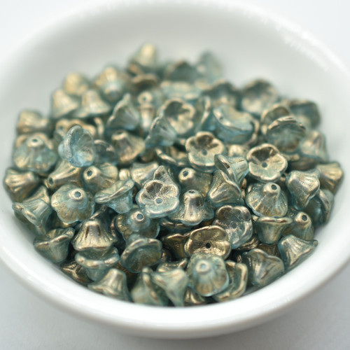 7x5mm Bell Flower Cup Golden Touch Sky, 25 Beads Czech Glass