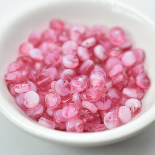 6mm Coin Pink and White, Pressed Czech Glass 50 Beads