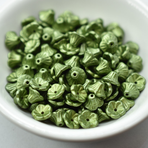 7x5mm Bell Flower Cup Pastel Olivine, 25 Beads Czech Glass