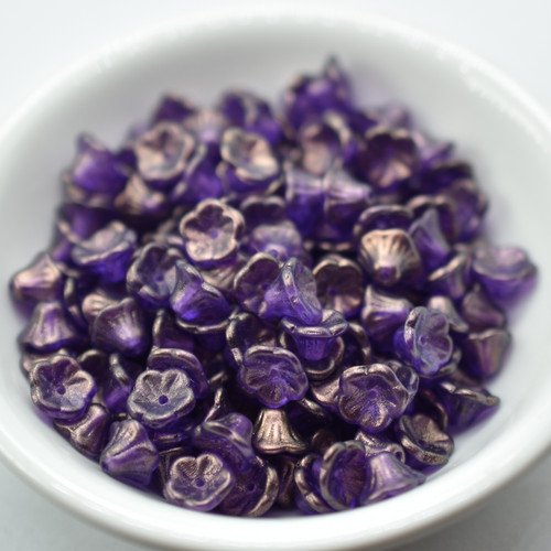 7x5mm Bell Flower Cup Golden Touch Magenta, 25 Beads Czech Glass
