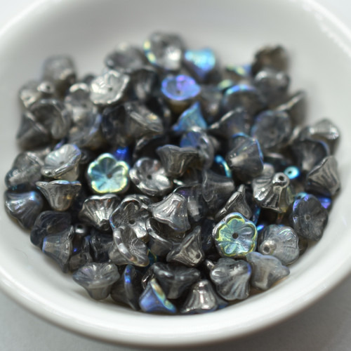7x5mm Bell Flower Cup Crystal Graphite Rainbow, 25 Beads Czech Glass