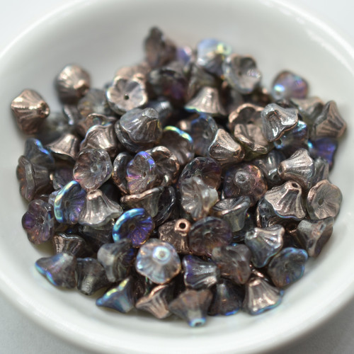 7x5mm Bell Flower Cup Crystal Copper Rainbow, 25 Beads Czech Glass