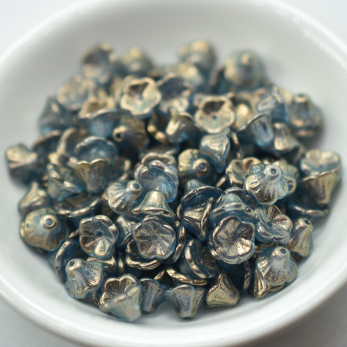 7x5mm Bell Flower Cup Golden Touch Shadows, 25 Beads Czech Glass