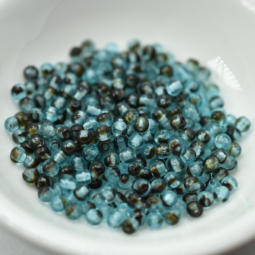 3mm Round Aqua Black Tortoise, 100 Beads Czech Glass