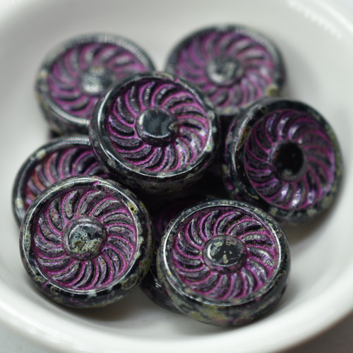 18mm Turbine Coin Jet Picasso Pink Inlay, 2 Beads Czech Glass