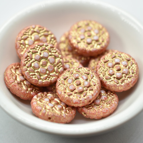 18mm Vesna Coin Light Coral Gold Wash, 2 Beads Czech Glass