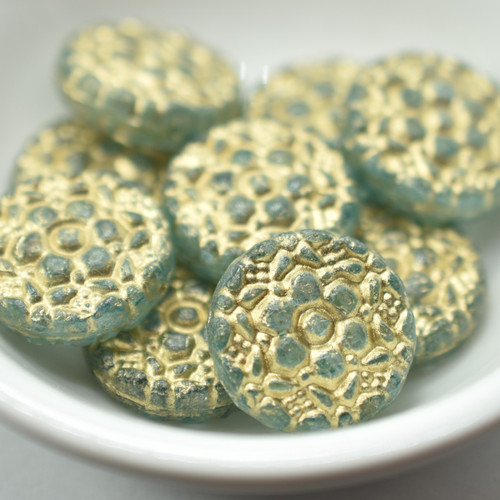 18mm Vesna Coin Light Aqua Gold Wash, 2 Beads Czech Glass