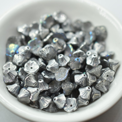 7x5mm Bell Flower Cup Crystal Silver Rainbow, 25 Beads Czech Glass