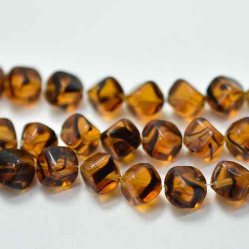 8mm Diagonal Cube Brown Black Tortoise, 25 Beads, Czech Glass