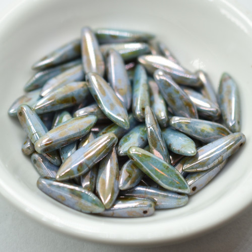 5x16mm Dagger, Chalk Blue Lazure Luster, 25 Beads Czech Glass