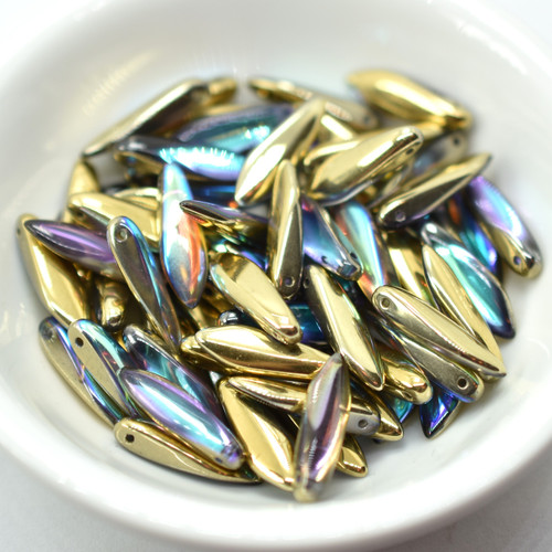 25 Beads - 5x16mm Dagger Golden Rainbow Czech Glass