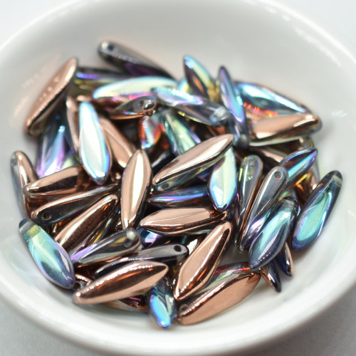25 Beads - 5x16mm Dagger Copper Rainbow Czech Glass