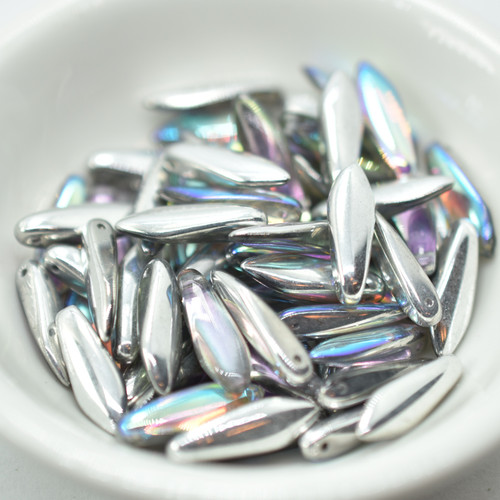 25 Beads - 5x16mm Dagger Silver Rainbow Czech Glass