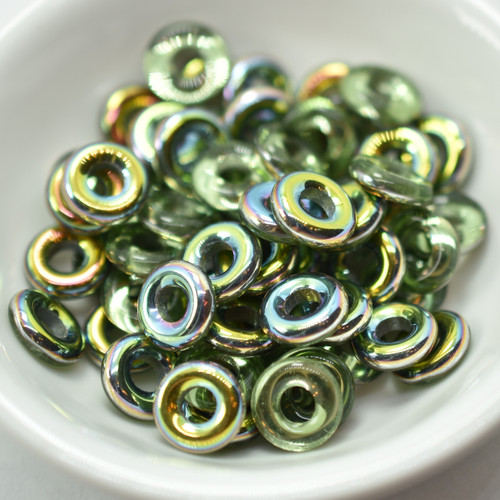 15 Beads - 10mm Ring, Light Olive Vitrail, Czech Glass